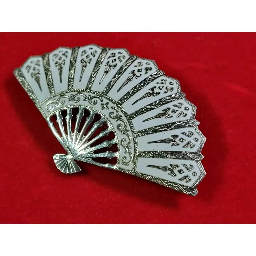 Vintage Rare Siam Goddess Sterling Silver Fan Brooch White Enamel
